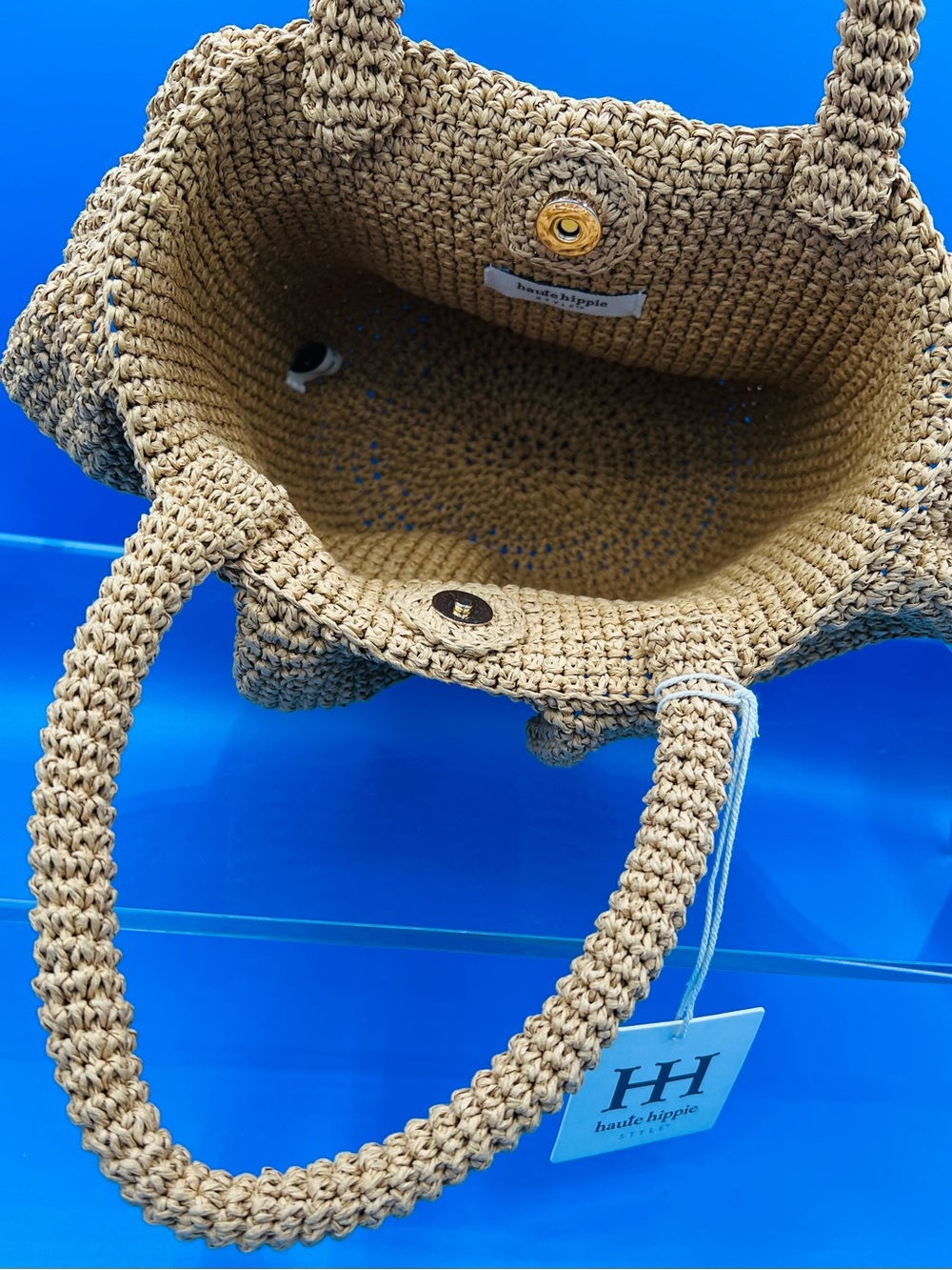 Haute Hippie Raffia Double Handle Bag with Ruffled Rim, Camel Tan, NWT - Picture 5 of 8